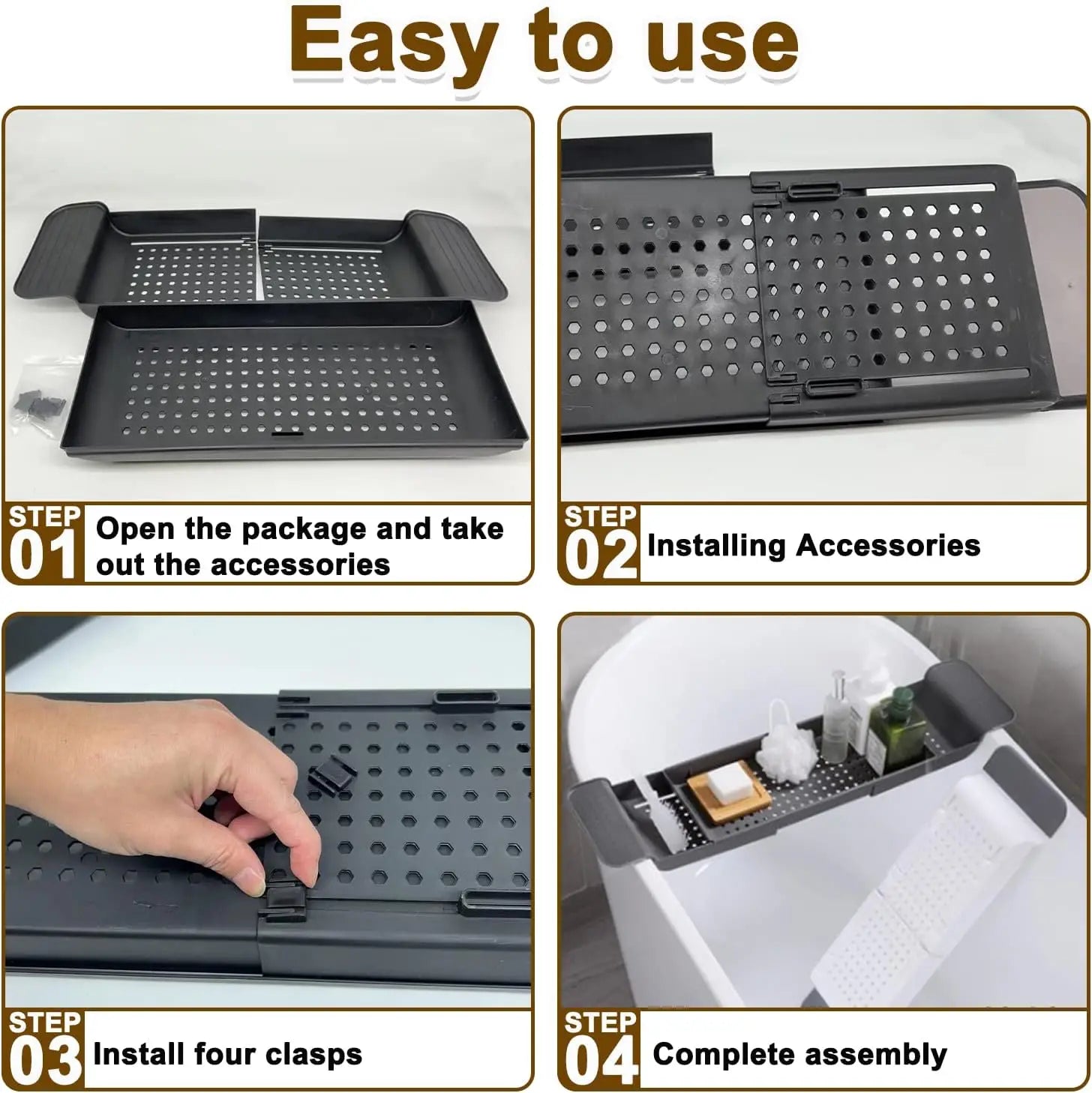 Step-by-step assembly guide for the black expandable bathtub tray