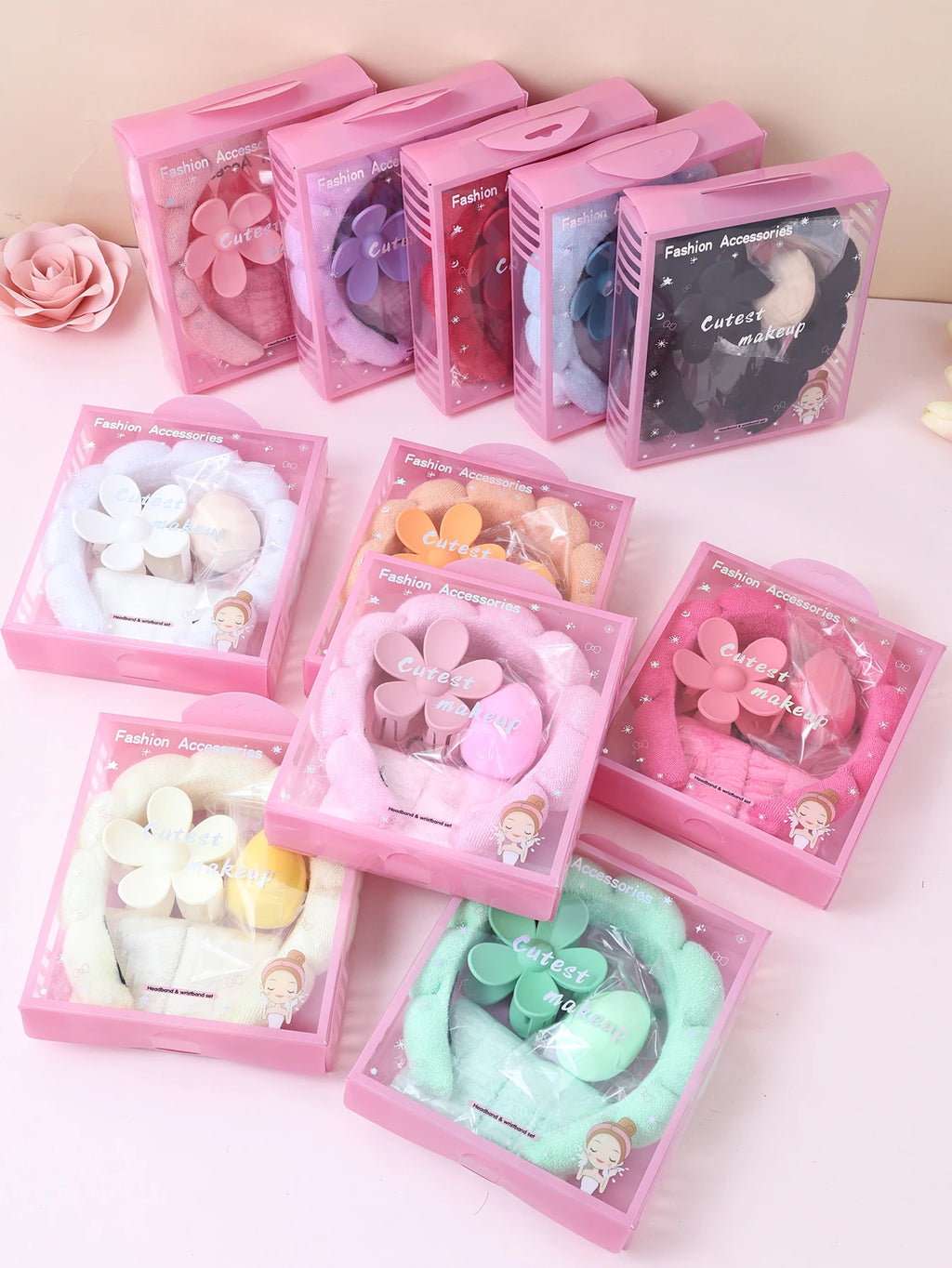 Colorful flower spa headband and wristband sets boxed with flower hair clips
