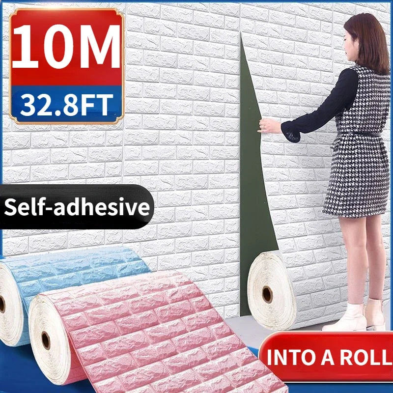Woman installing white 3D foam brick wall panels in a living room, with blue and pink brick rolls shown