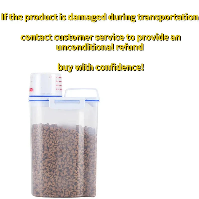 Airtight pet food storage container with text about damaged product and unconditional refund