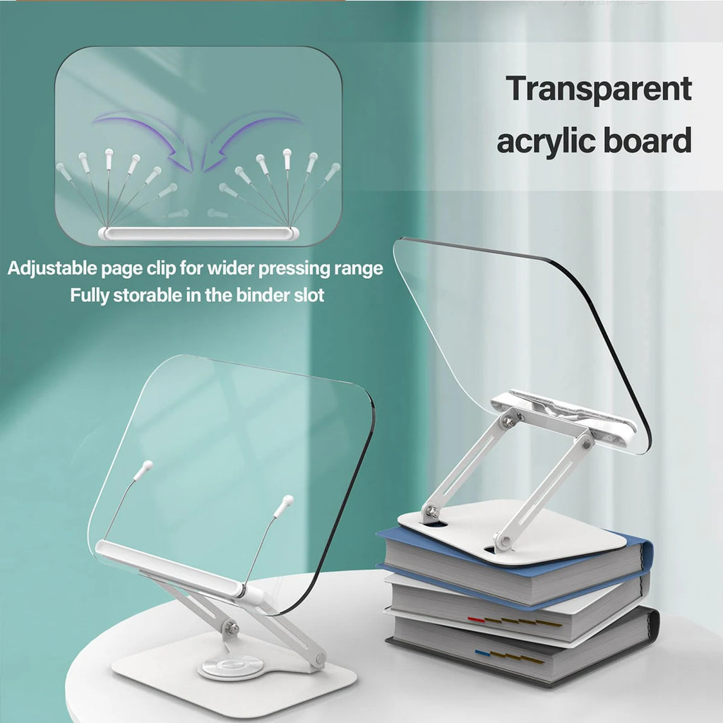 Transparent acrylic book holder with adjustable page clips, shown on a desk with books