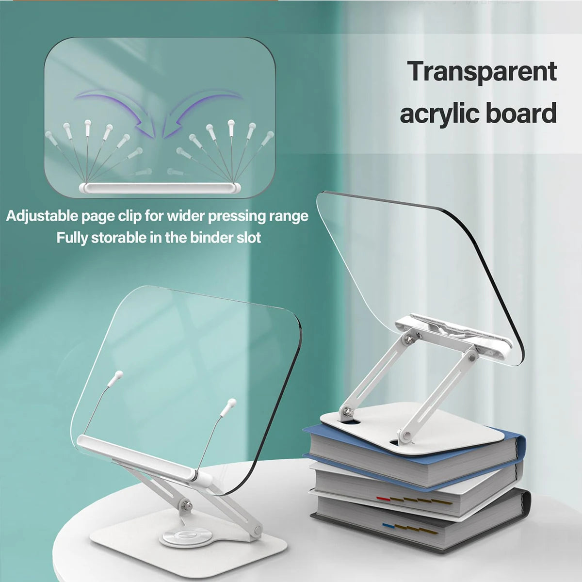 Transparent acrylic book holder with adjustable page clips, shown on a desk with books