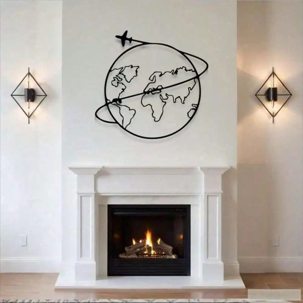 Airplane metal world map wall art centered above a white fireplace mantel