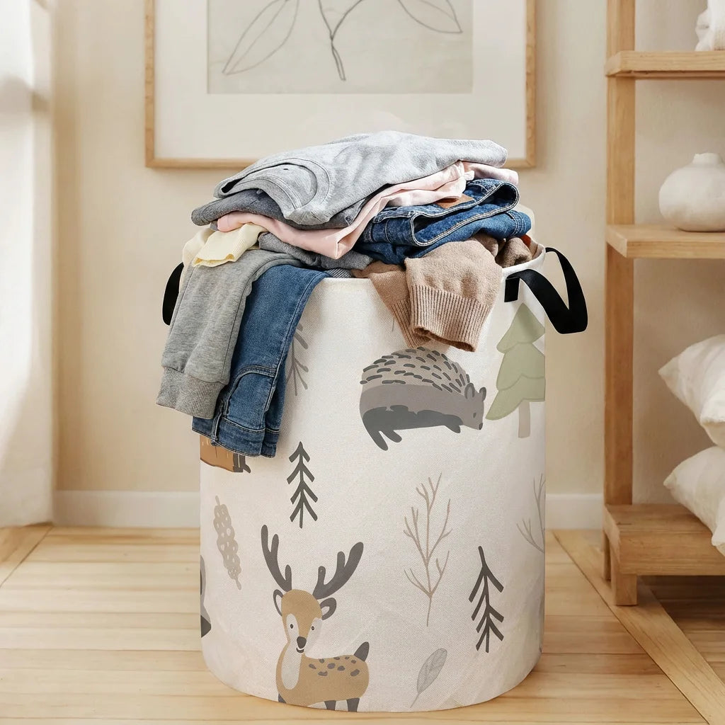 large animal print laundry hamper in a bedroom corner with blankets and jeans inside