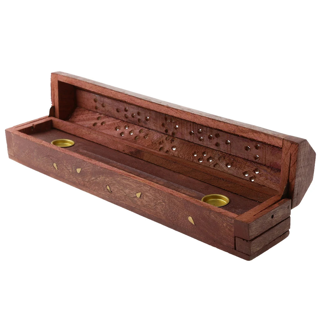 Wooden incense burner box with open lid, showing lattice details and brass insets