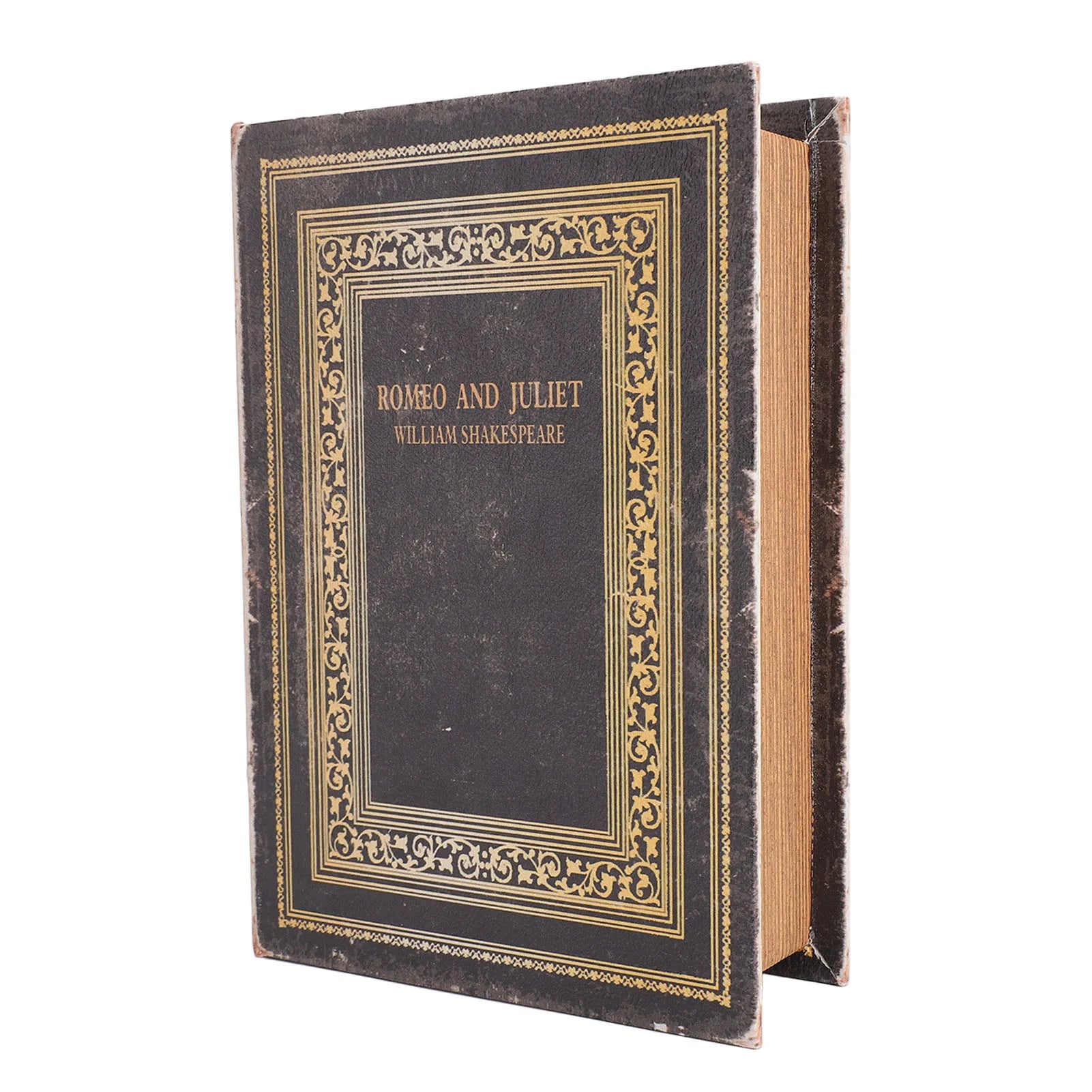 vintage book storage box closed with faux leather and gold detailing