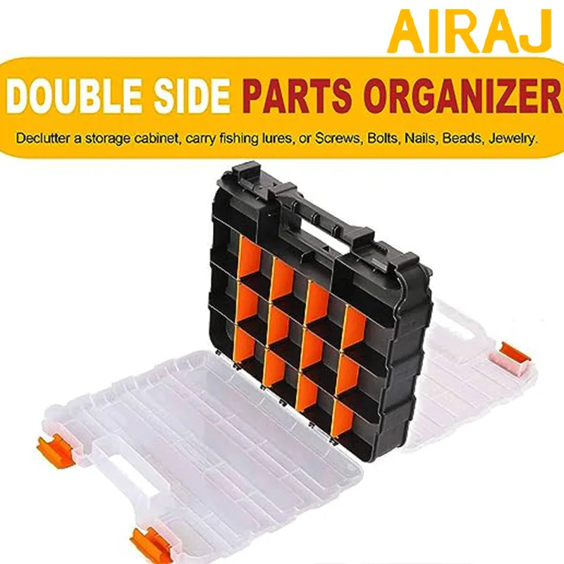 Open double-sided parts organizer case displaying adjustable compartments
