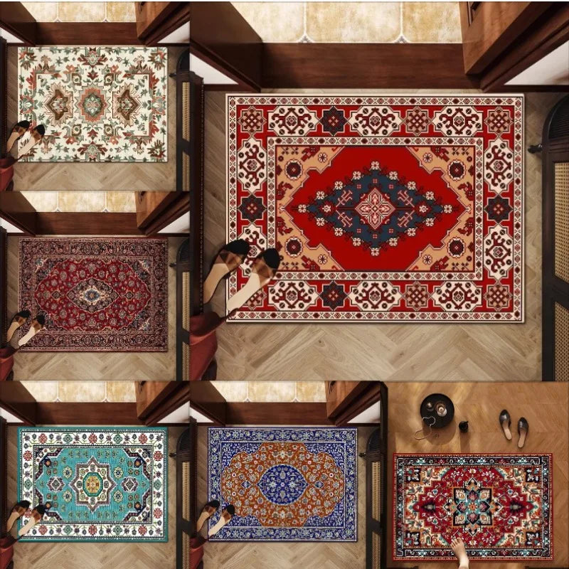 Six Persian-style geometric accent rugs in a variety of colorful patterns displayed in different entryways