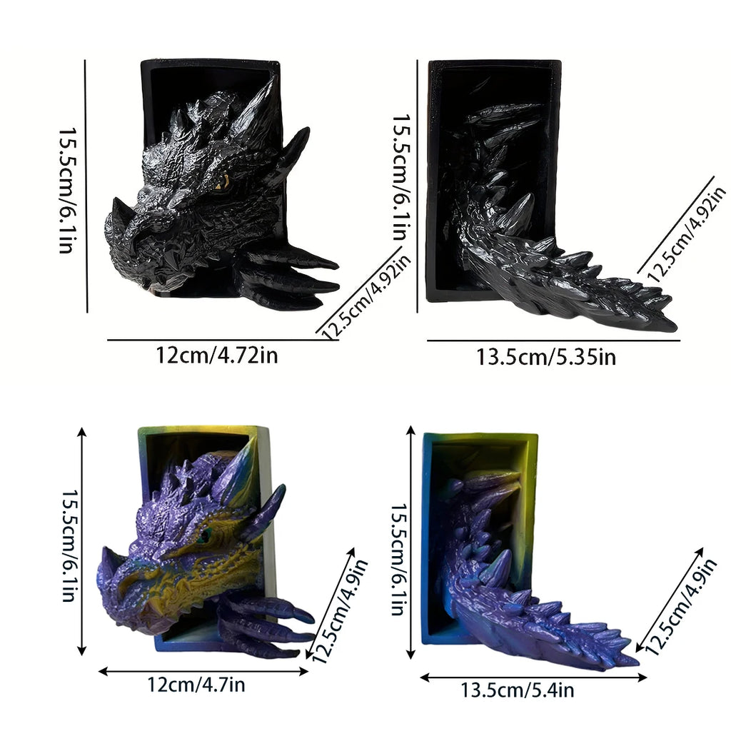 Size chart showing black and multicolor dragon resin bookend dimensions