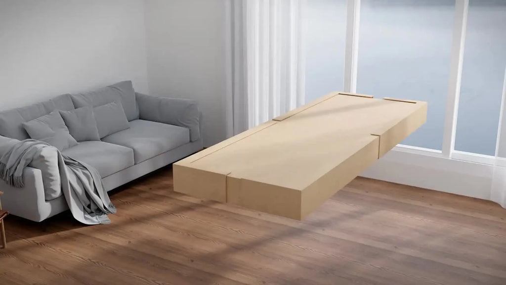 Illustration of a protective shipping box for large mirror in a living room setting