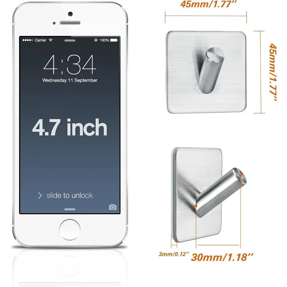 Adhesive Stainless Steel Wall Hooks, 4-Pack for Bathroom & Kitchen