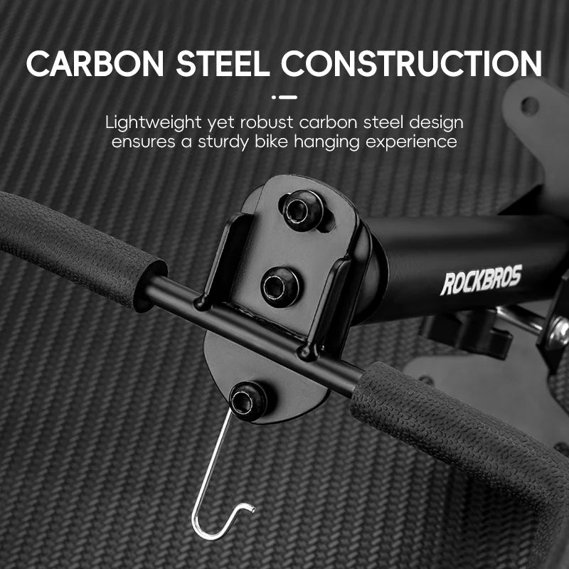 Close-up of carbon steel construction and accessory hook on the bike wall rack