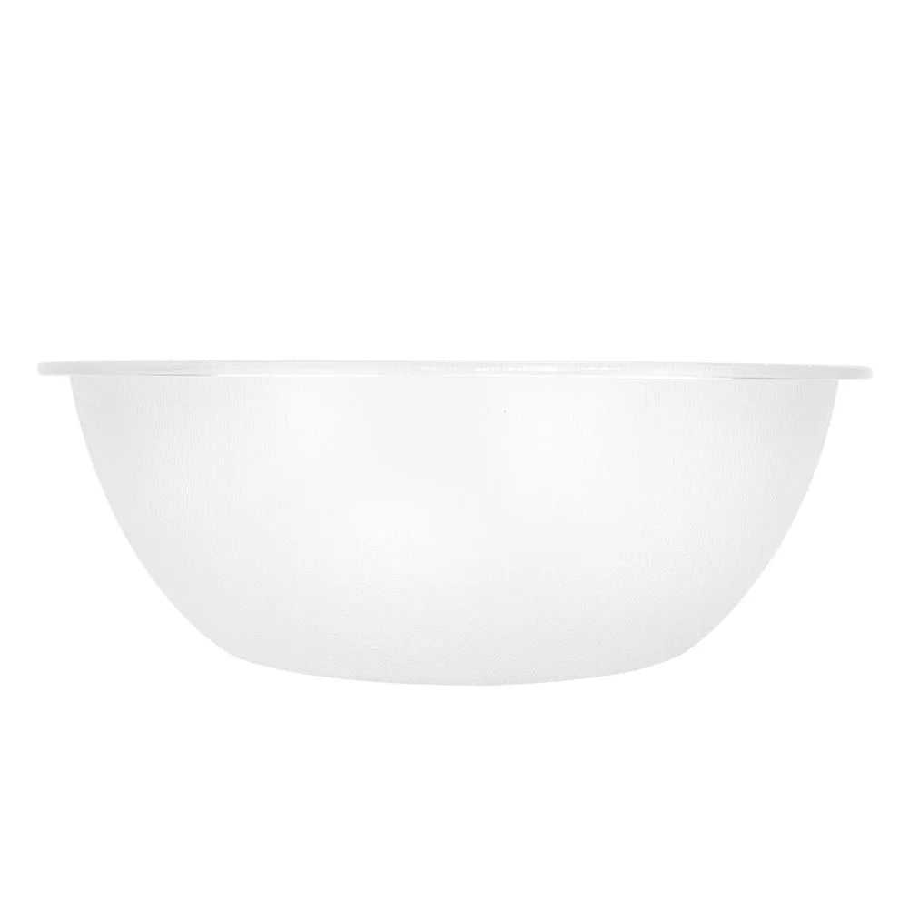 Side view of large clear acrylic serving bowl showing round shape