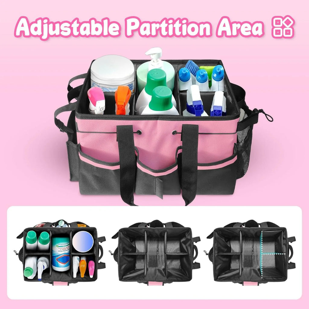 Cleaning caddy bag with bottles and sprays inside, shown with adjustable divider system and compartment layouts