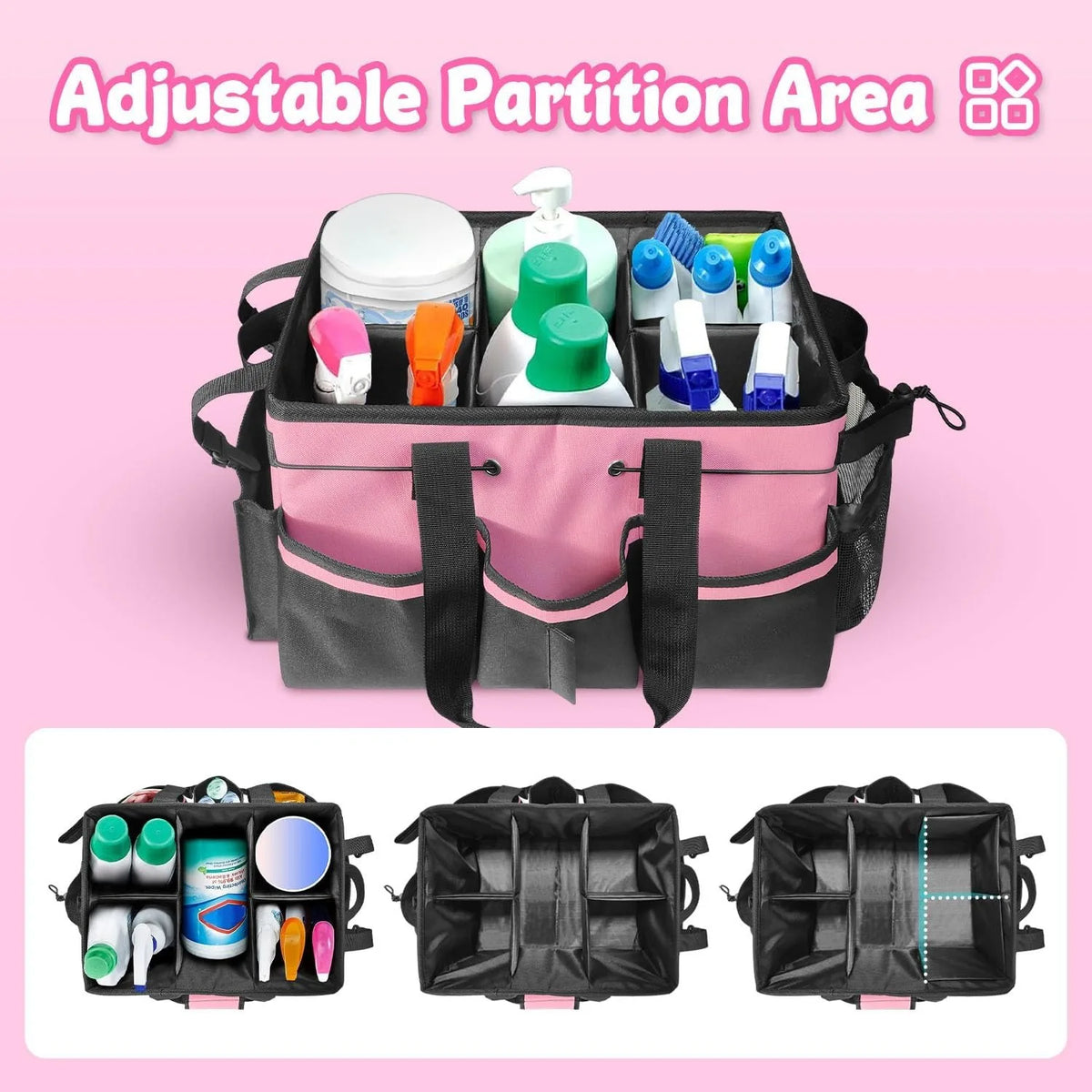 Cleaning caddy bag with bottles and sprays inside, shown with adjustable divider system and compartment layouts