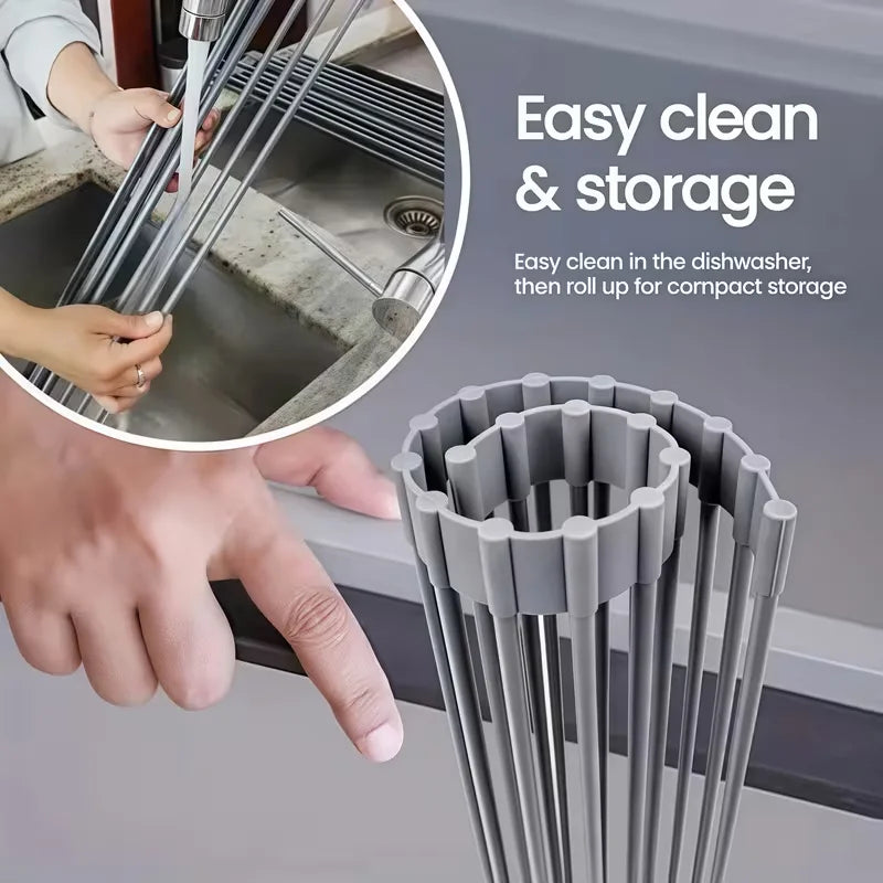 Over-sink rolling dish rack being rinsed under water and rolled up for storage