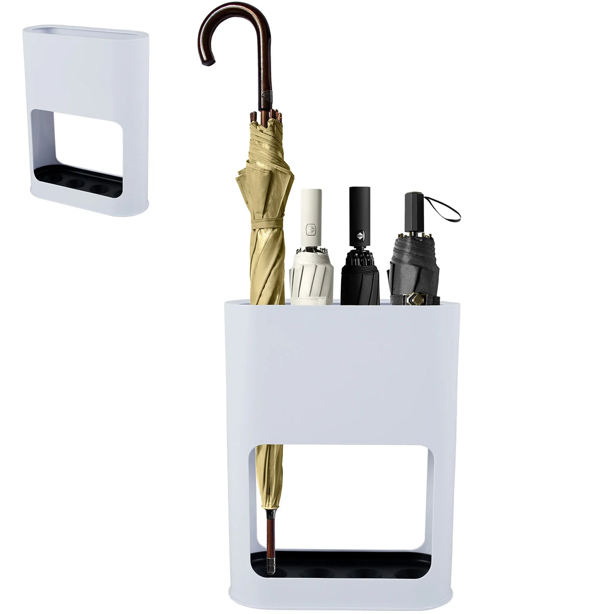 White modern freestanding umbrella stand shown empty and holding four umbrellas