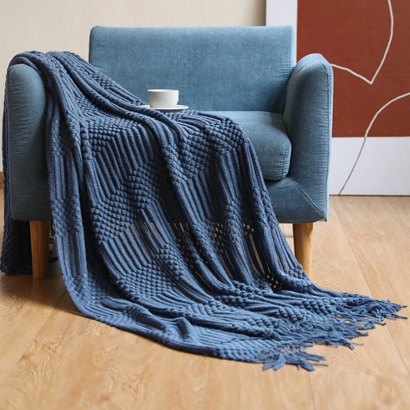 Nordic Knit Acrylic Throw Blanket with Tassels for Bed, Sofa, and Cozy Winter Decor