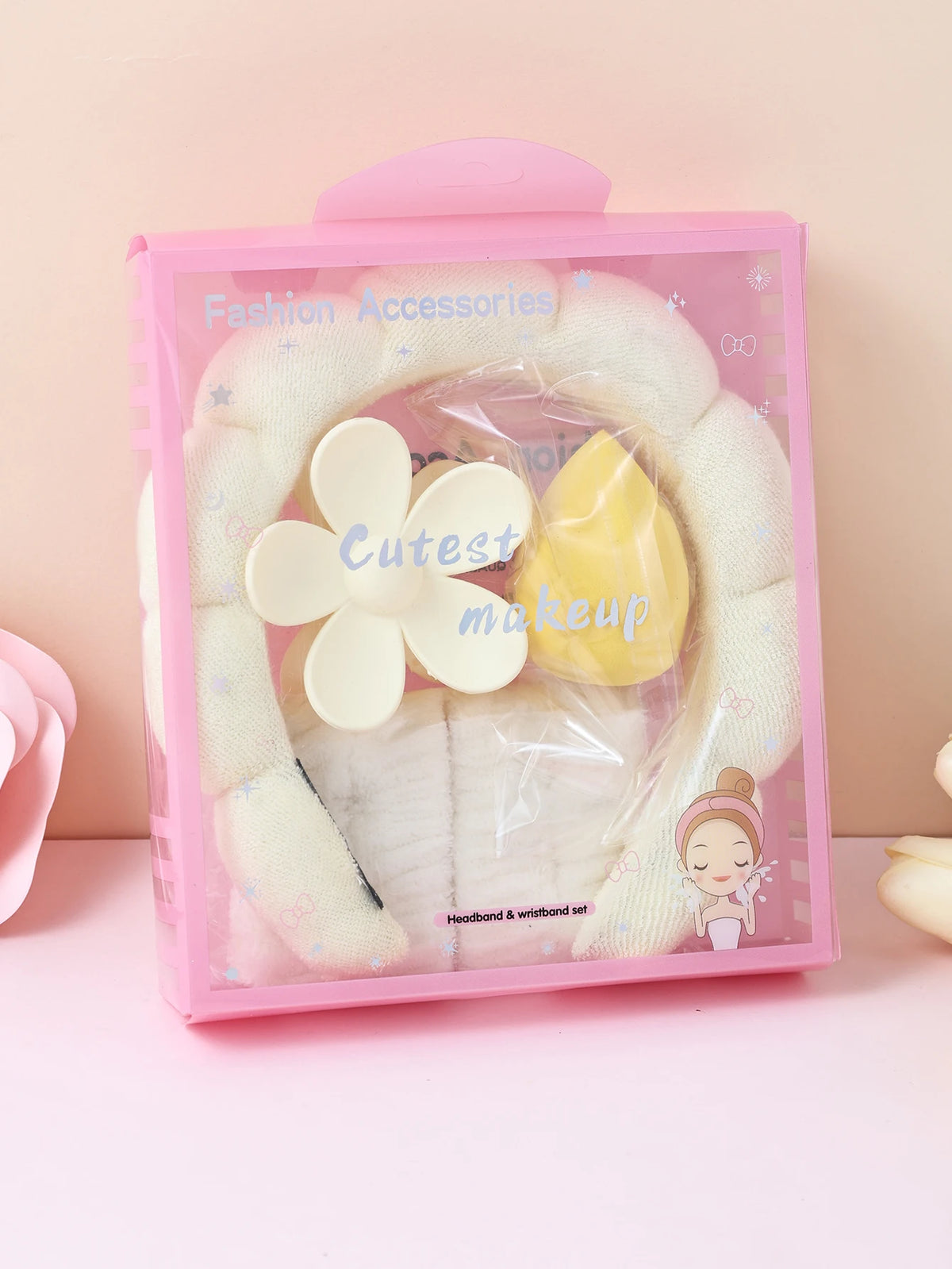 Fresh Bloom Spa Headband and Wristband Gift Set with Flower Hair Claw Clip – Soft Polyester, Multiple Colors