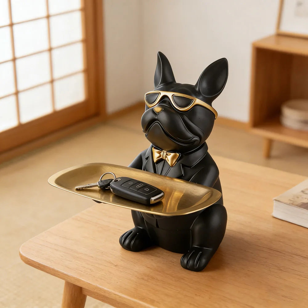 bulldog tray on a wooden table with a single key, perfect for entryway organization