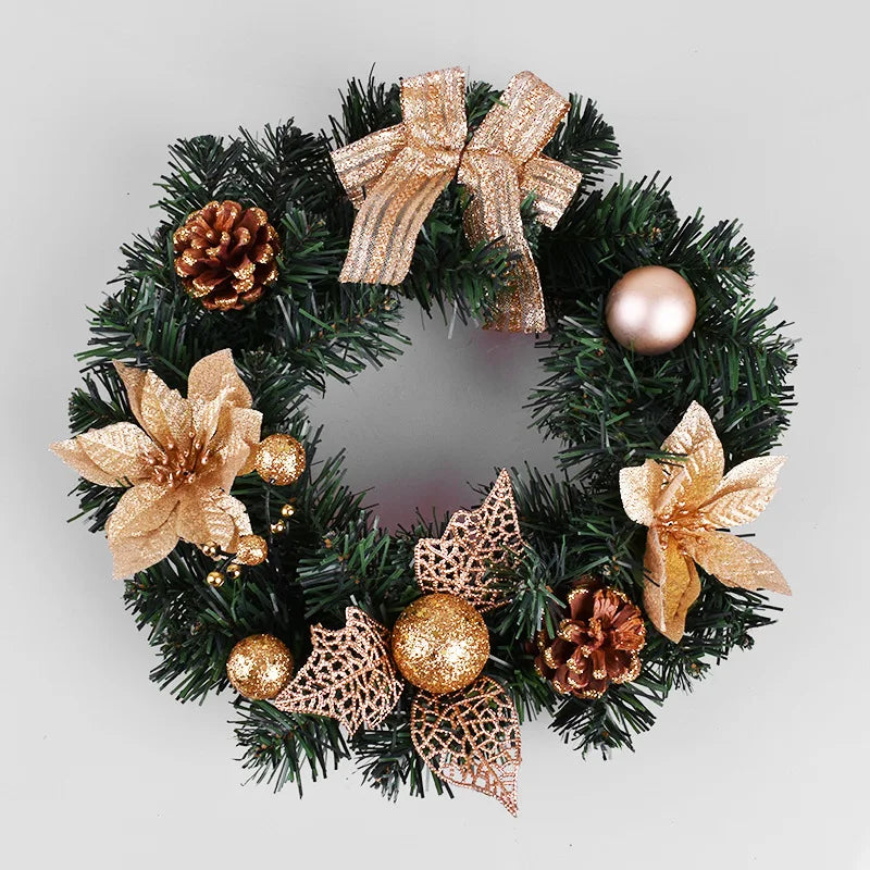 round gold festive wreath with glittery decorations