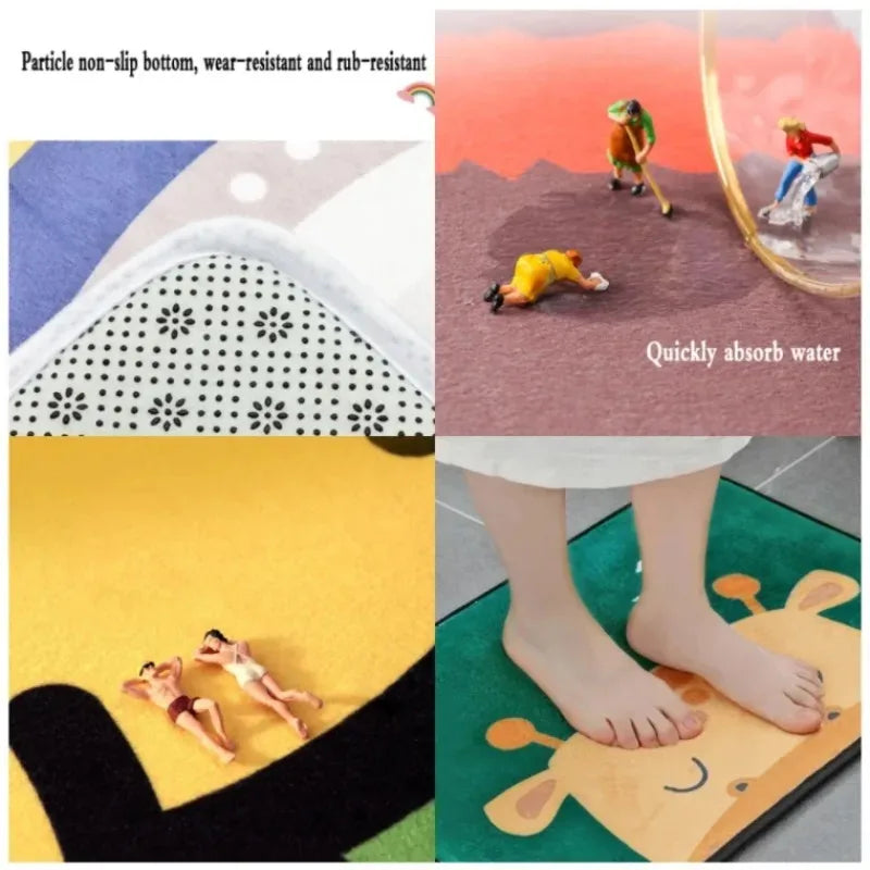 Absorbent, soft mat with non-slip backing shown in bathroom and playful context