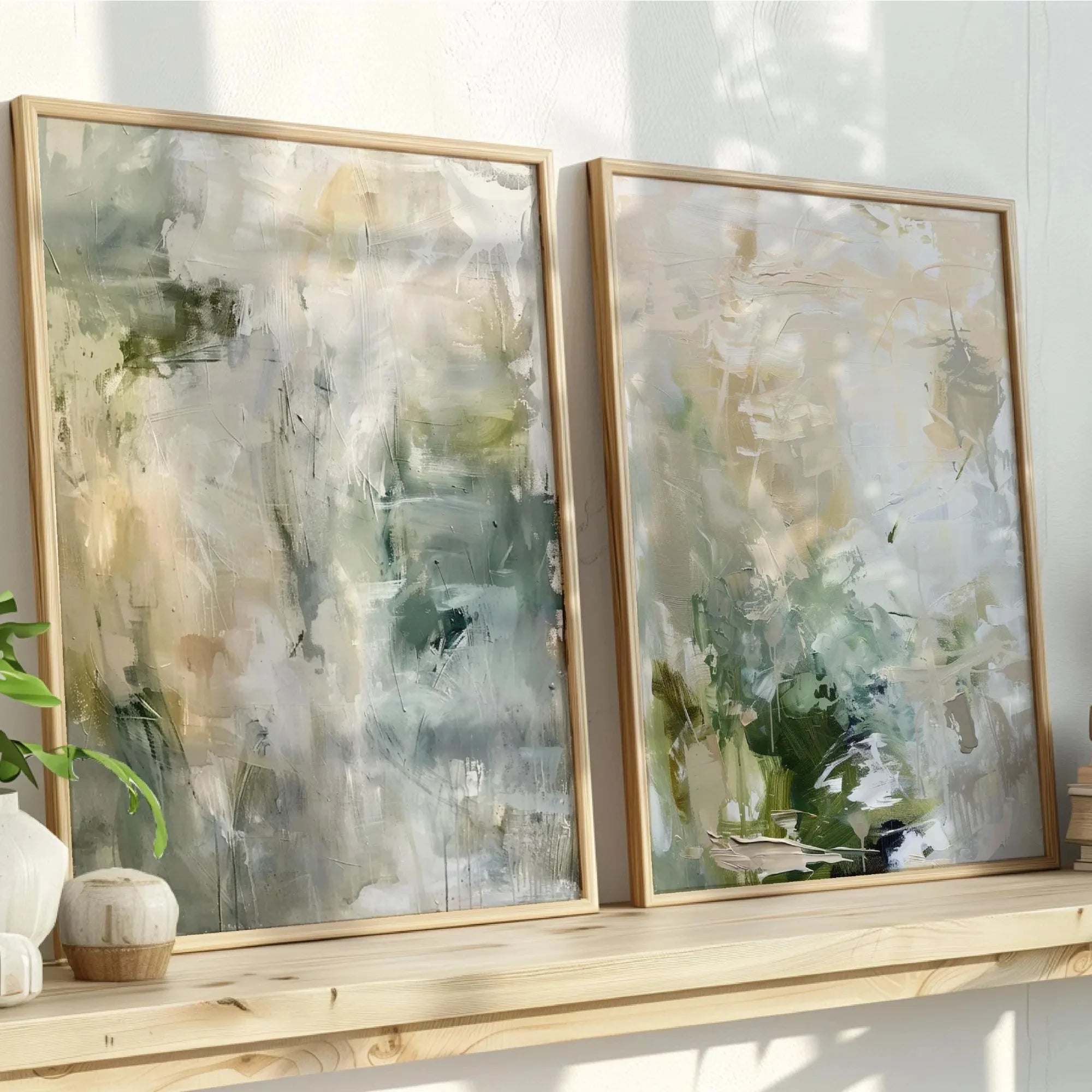 Set of two unframed sage green and beige abstract canvas prints styled on a wood shelf