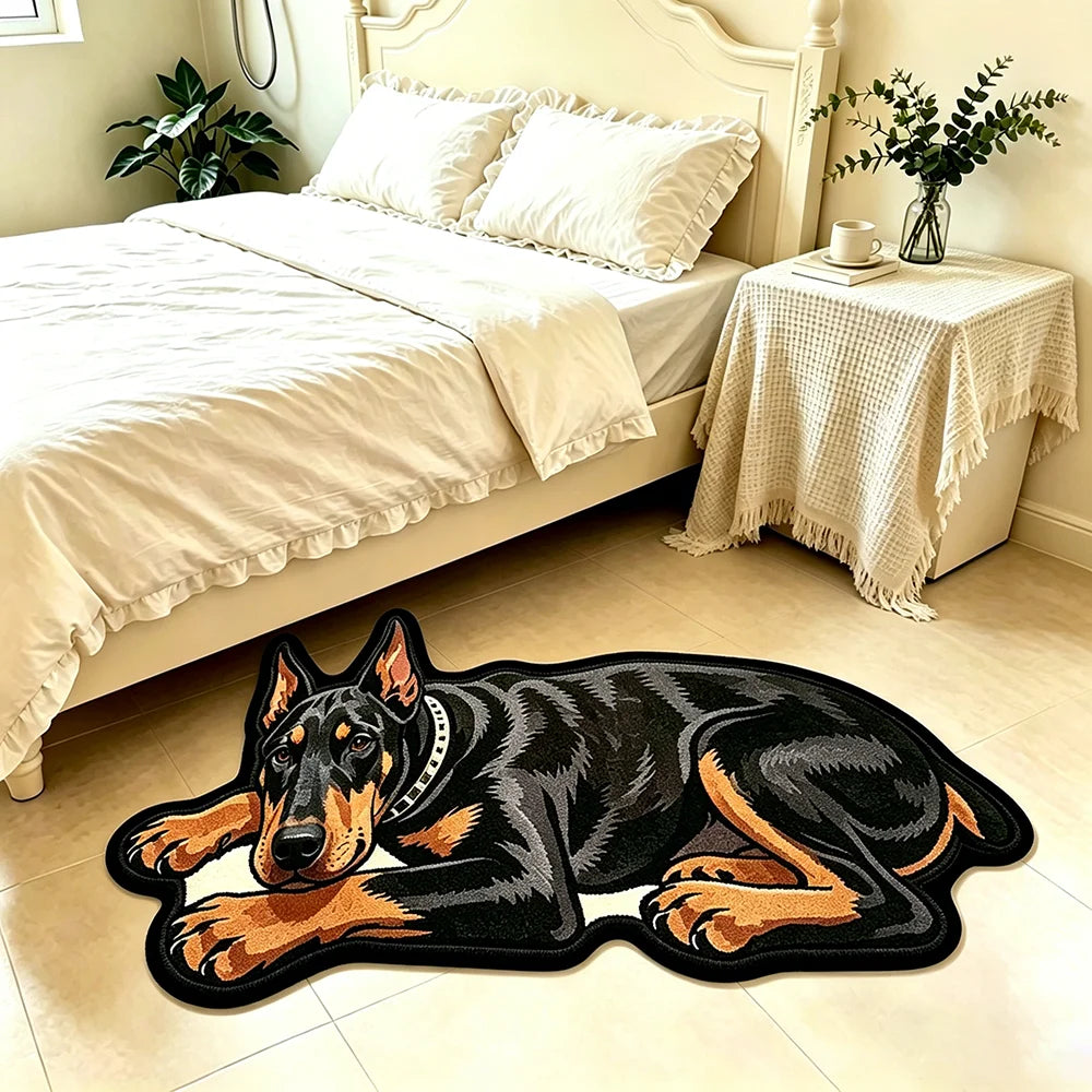 Doberman shaped accent rug placed next to a bed in a cozy bedroom