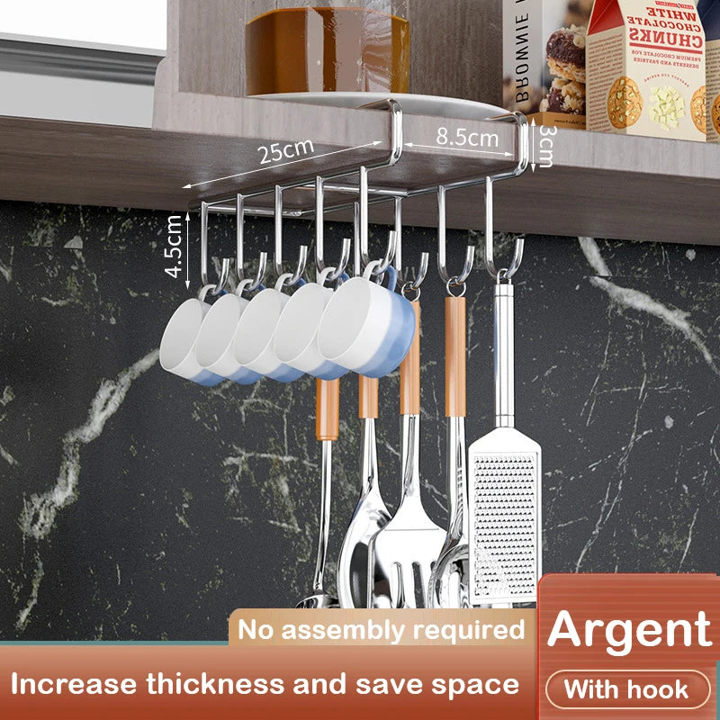 Under Cabinet Metal Organizer Rack with Hooks for Kitchen or Closet
