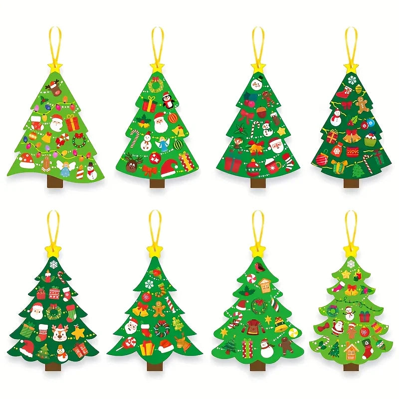 Eight decorated paperboard Christmas tree ornaments with festive stickers