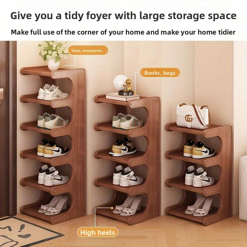 Three bamboo-style multi-tier shoe racks in entryway corner, each storing shoes, bags, and a vase