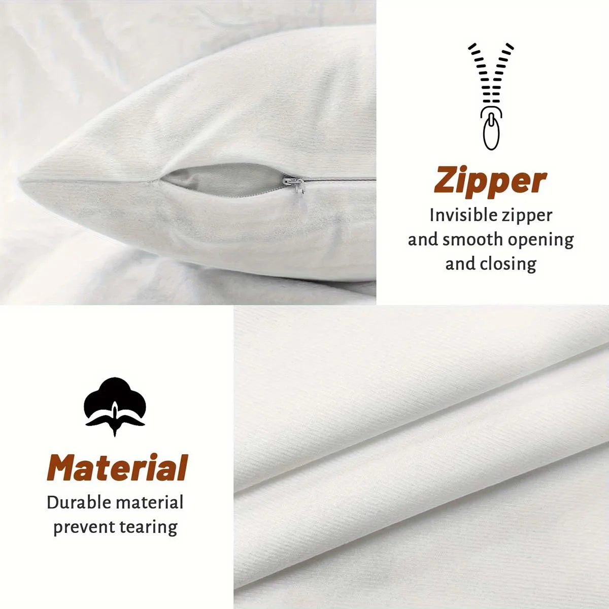 Close-up of invisible zipper and textured white polyester fabric on pillow cover