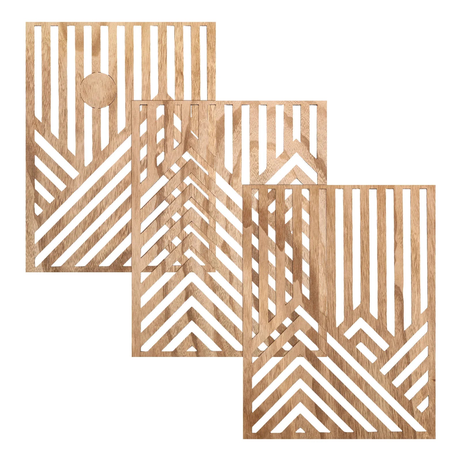 Set of three geometric wood openwork wall art panels, light natural finish