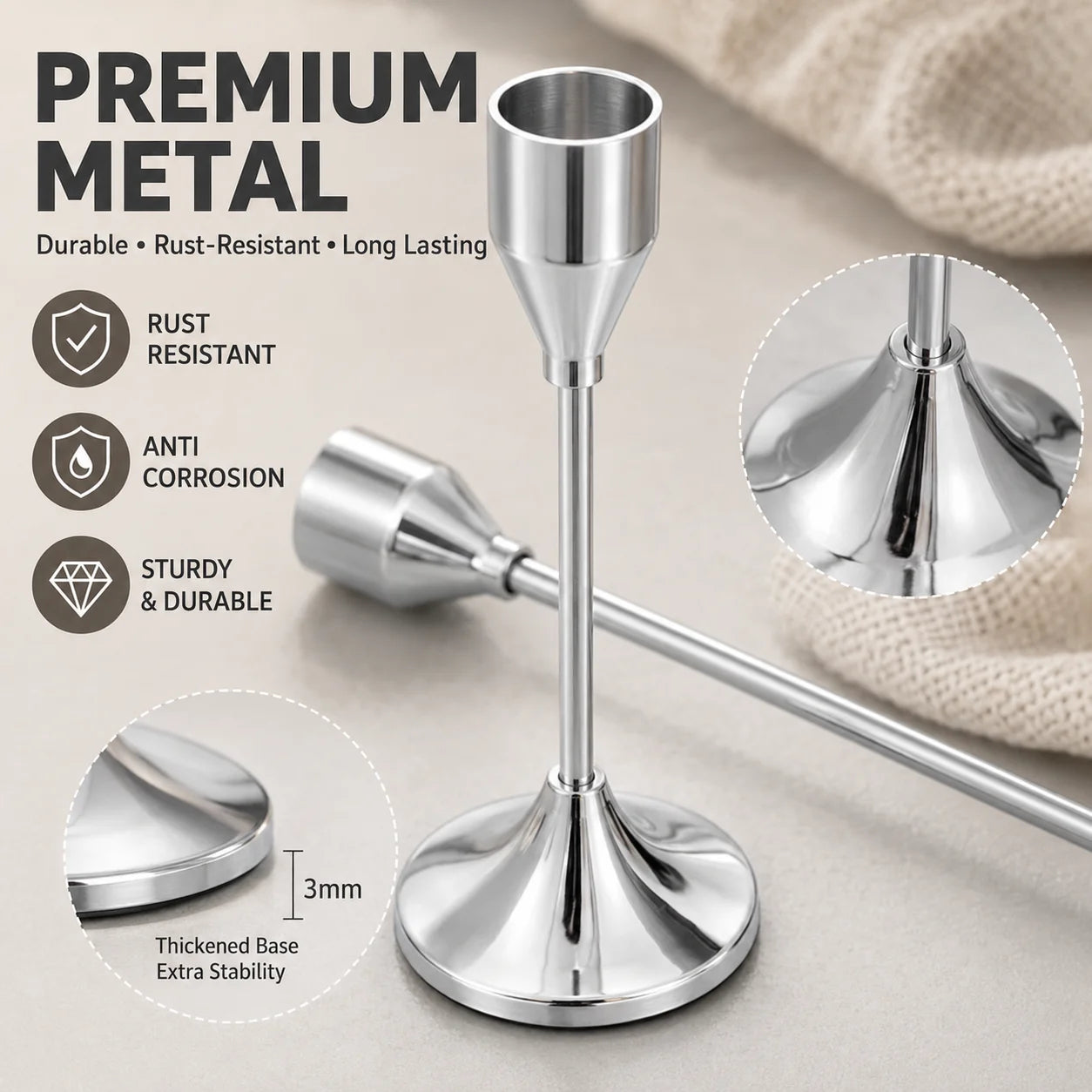 Silver metal taper candlestick holder shown close up with labeled details and anti-corrosion features