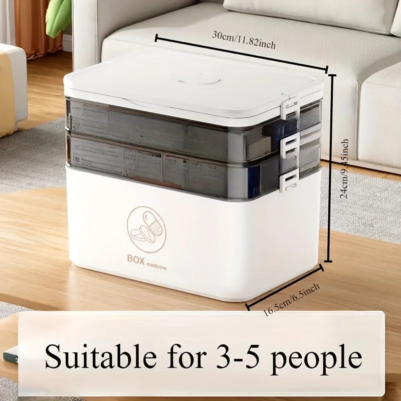 Dimensions of the medicine organizer box shown beside a sofa, labeled as suitable for 3-5 people.
