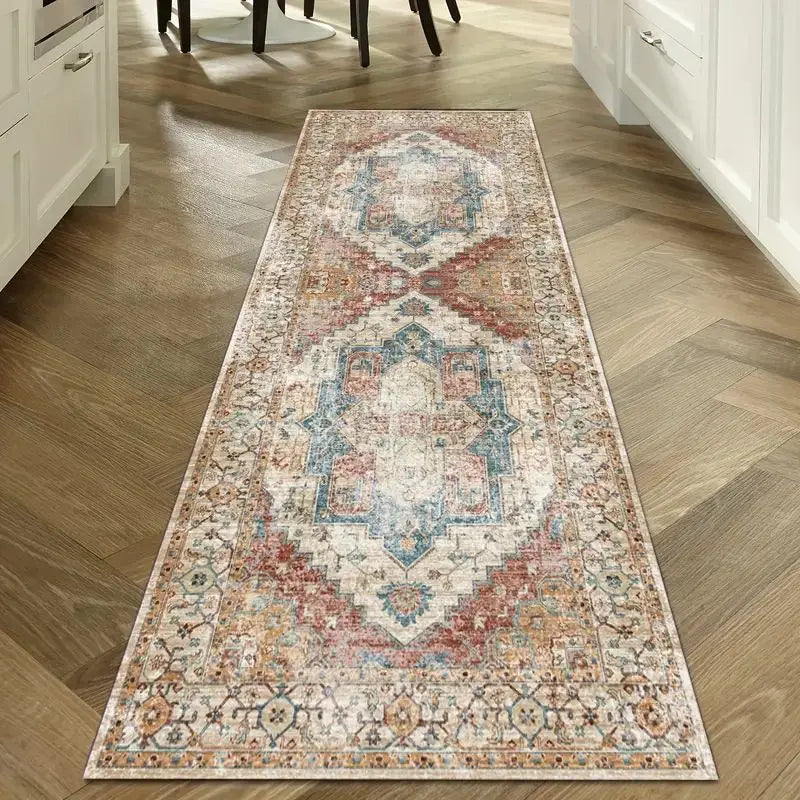 Vintage-inspired washable runner rug on wood floor in kitchen setting