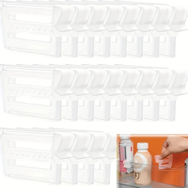 Set of clear adjustable fridge dividers with a close-up showing use for organizing drinks and bottles