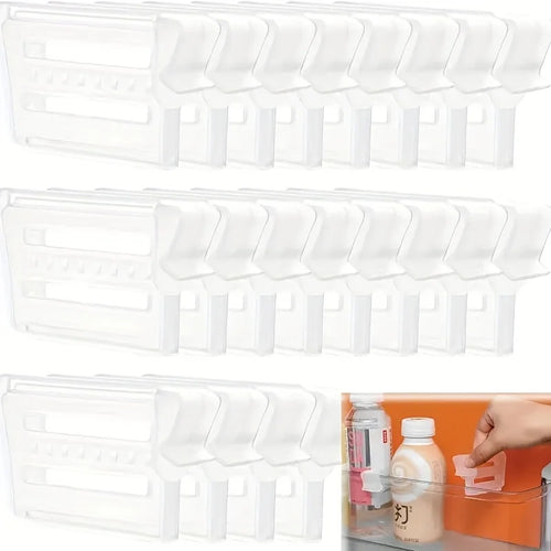 Set of clear adjustable fridge dividers shown stacked, with small inset photo demonstrating use on glass shelf