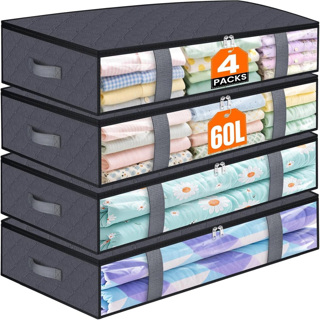 Stack of four foldable under bed storage bins with clear windows showing neatly folded bedding and clothes, labeled as a set of 4.