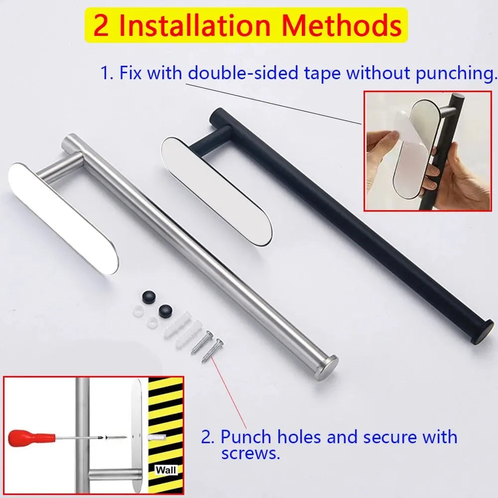 Silver and black paper towel holders with included adhesive pad and screws, showing two installation methods