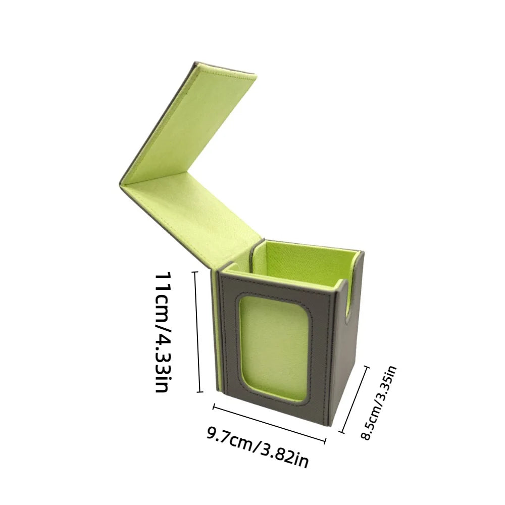 Green card storage box with magnetic lid and open top, showing internal measurements