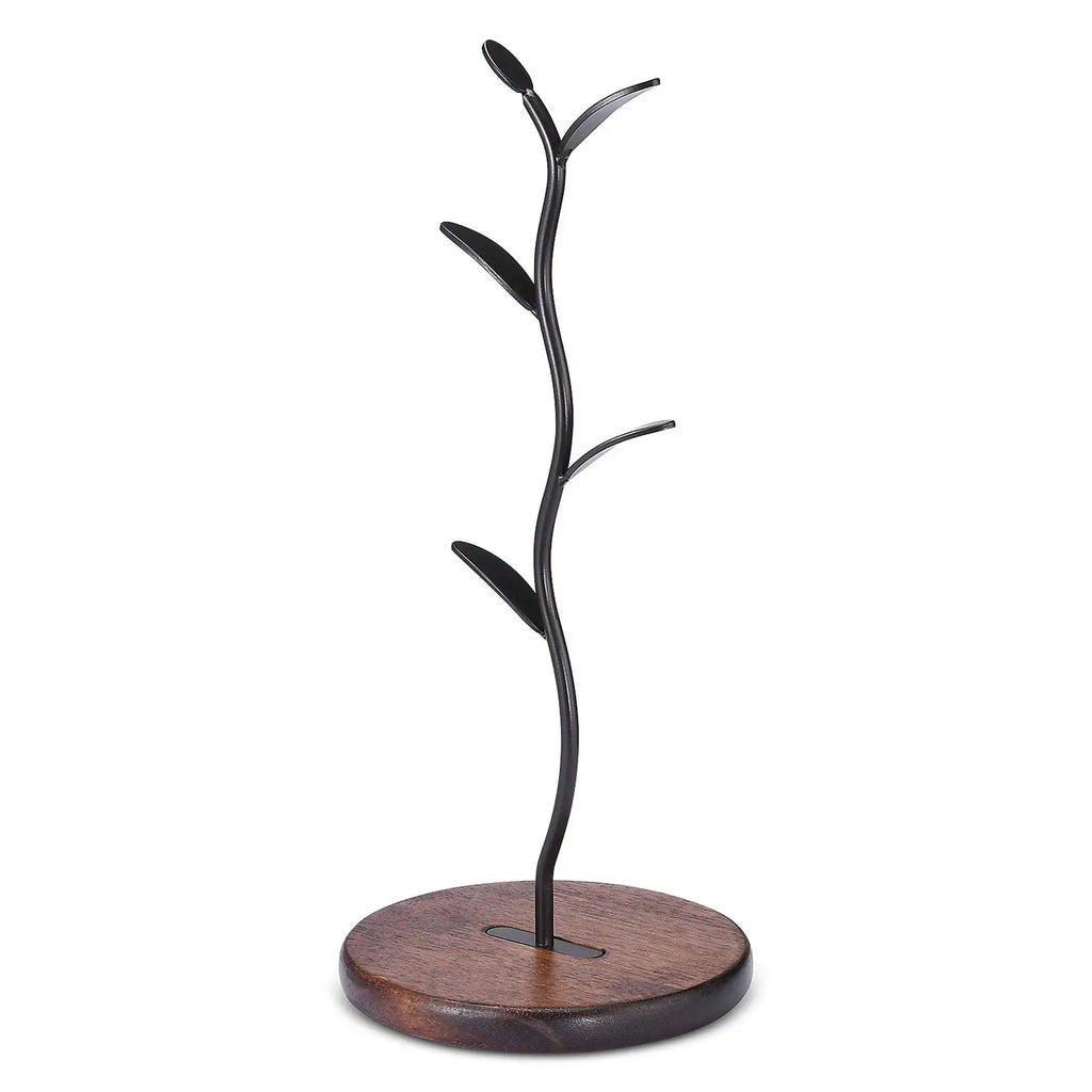 Black metal and wood mug tree stand shown without cups