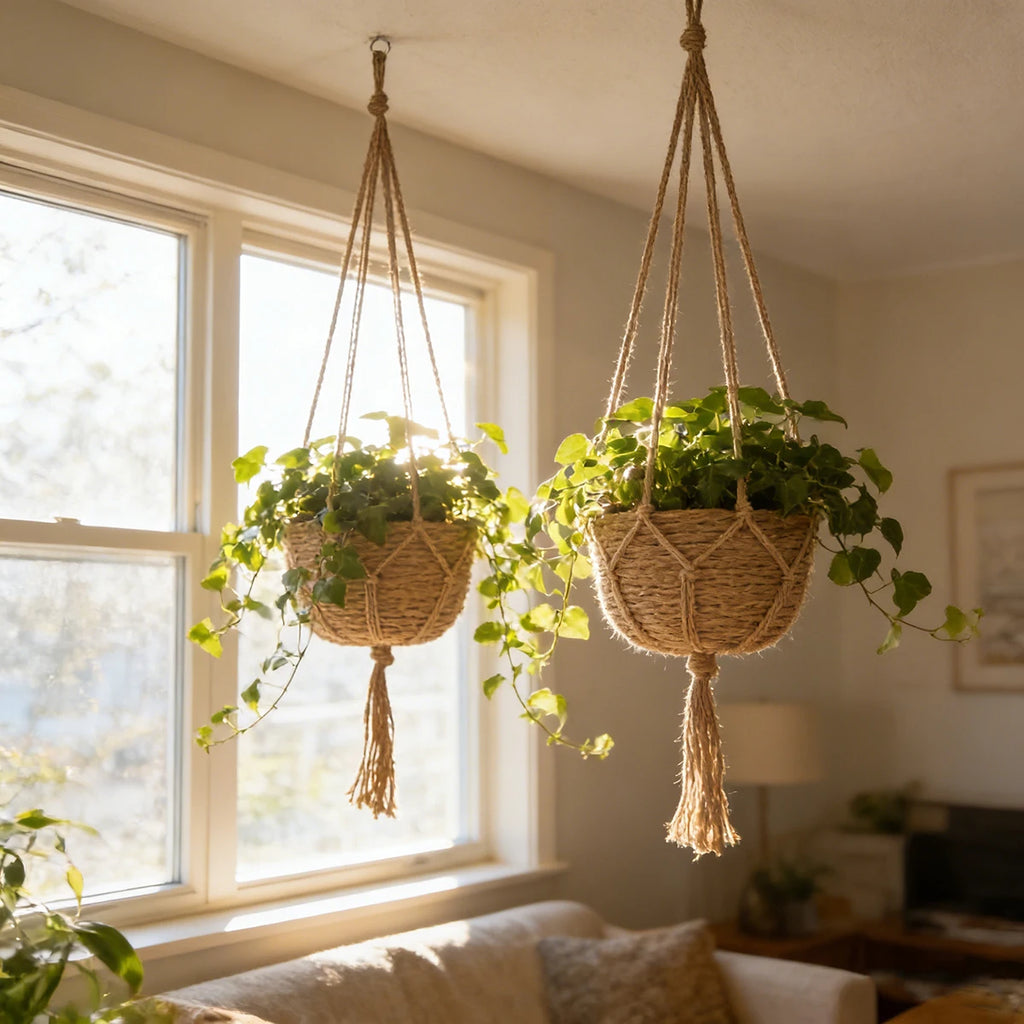 Natural jute plant hangers with leafy plants near a sunny living room window
