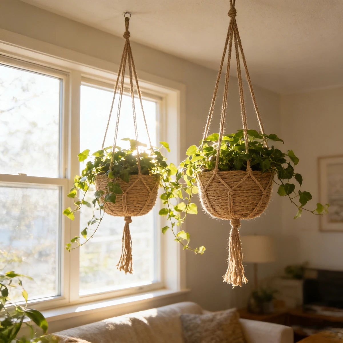 Natural jute plant hangers with leafy plants near a sunny living room window