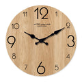 wood grain pattern circular wall clock with black hands and numbers