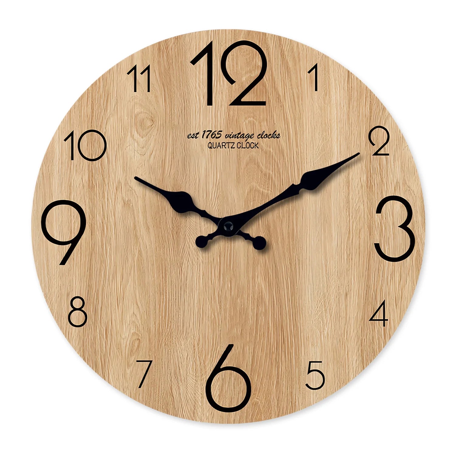 wood grain pattern circular wall clock with black hands and numbers