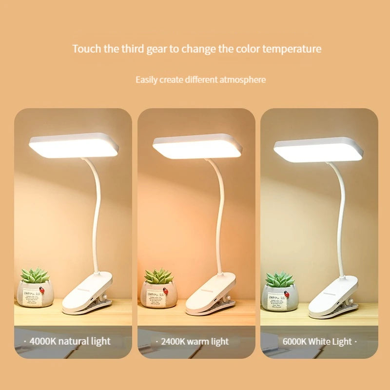 Three clip-on LED lamps on a desk showing warm, natural, and white light modes.