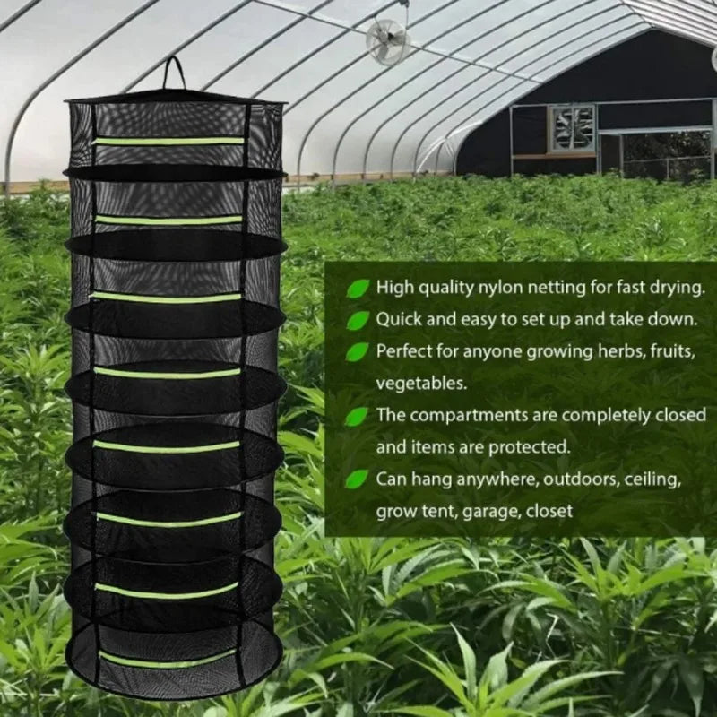 Tall mesh drying rack with multiple closed tiers suspended in a greenhouse, informational text overlaid