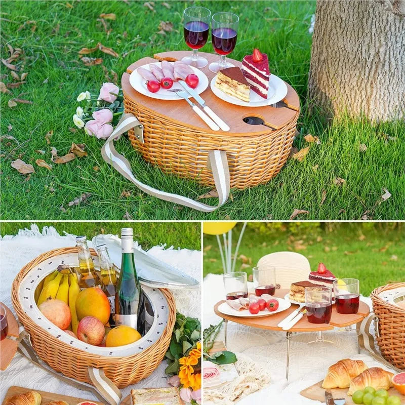Woven Picnic Basket with Insulated Liner and Portable Table Lid