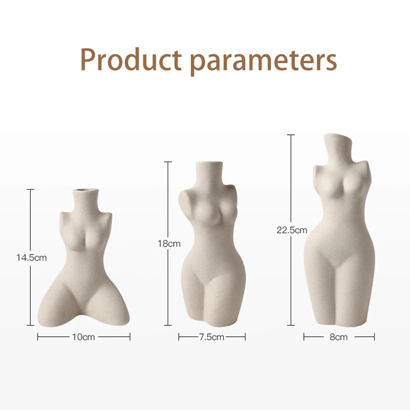 Side-by-side comparison showing dimensions of three ceramic body sculpture vases in different heights and shapes